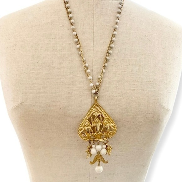 VINTAGE Byzantine Inspired Asian Goldtone Chinamen Beaded Earrings Necklace - Picture 2 of 7